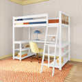 White loft bed with built-in L-shaped desk and ladder, yellow swivel chair, blue desk lamp and orange geometric rug in a kids' space-saving bedroom