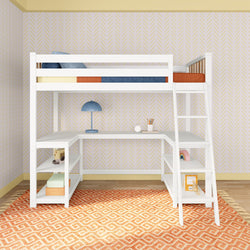 White loft bed with integrated desk and ladder in a modern bedroom with geometric wallpaper and orange rug.