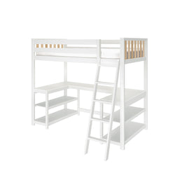 White loft bed with integrated desk and shelves, featuring a sturdy ladder for easy access.
