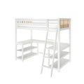 White twin loft bed with ladder, L-shaped built-in desk and open shelving, space-saving kids' bedroom furniture with natural wood slat accents