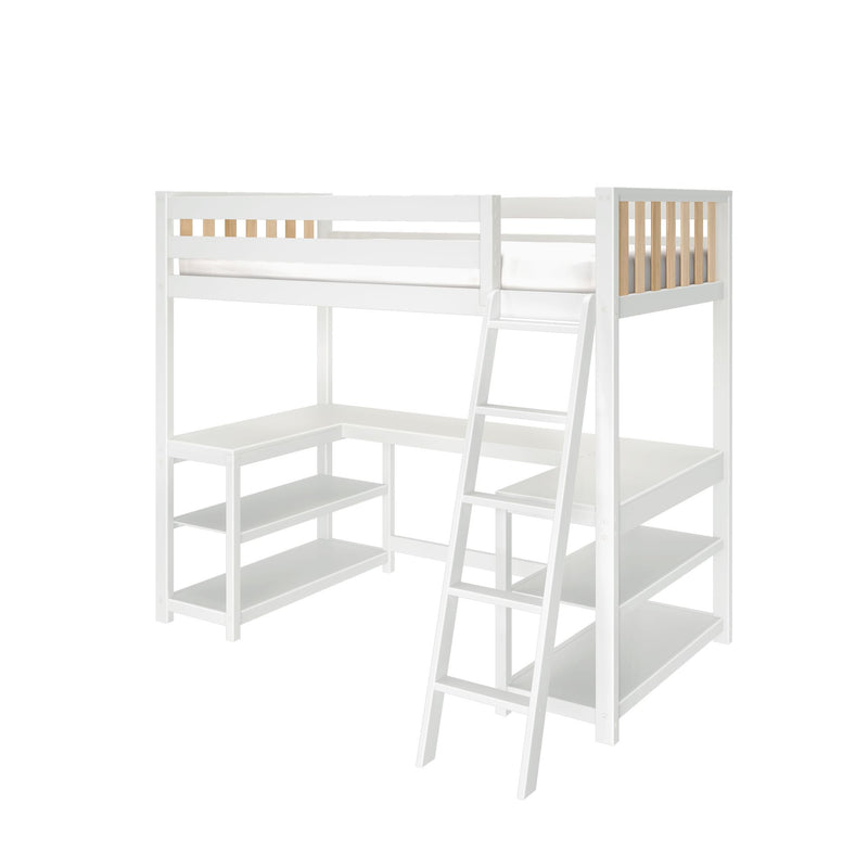 White twin loft bed with ladder, L-shaped built-in desk and open shelving, space-saving kids' bedroom furniture with natural wood slat accents