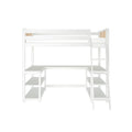 White loft bed with integrated L-shaped desk, ladder and open shelving — space-saving kids' study and storage solution