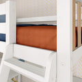 White wooden loft bunk bed with ladder, orange fitted sheet and navy bedding, natural wood slat accents and gold chevron wallpaper