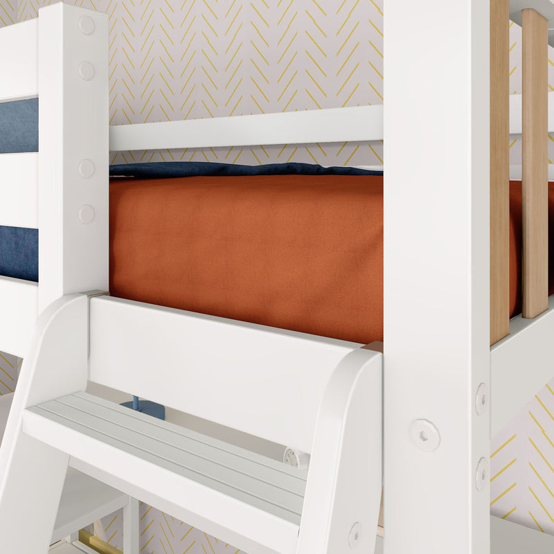 White wooden loft bunk bed with ladder, orange fitted sheet and navy bedding, natural wood slat accents and gold chevron wallpaper