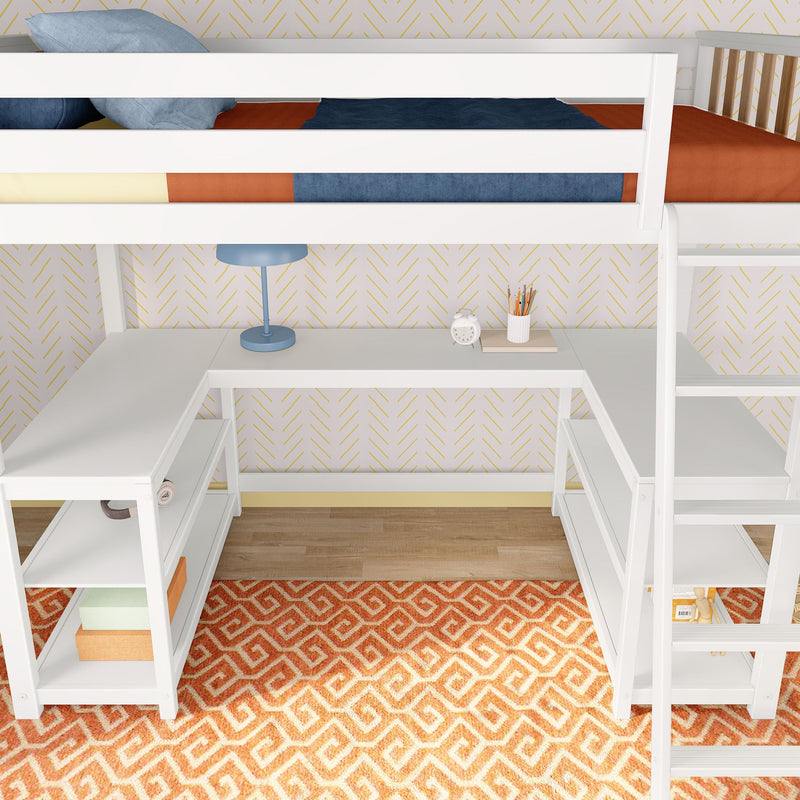 White kids loft bed with built-in L-shaped desk, open shelving and ladder in children's room with orange geometric rug, blue lamp and rust-and-navy bedding