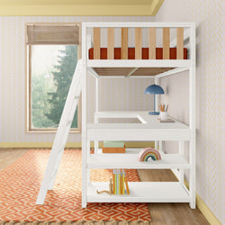 White wooden loft bed with desk and storage shelves in a colorful kids room with patterned wallpaper and a large window.