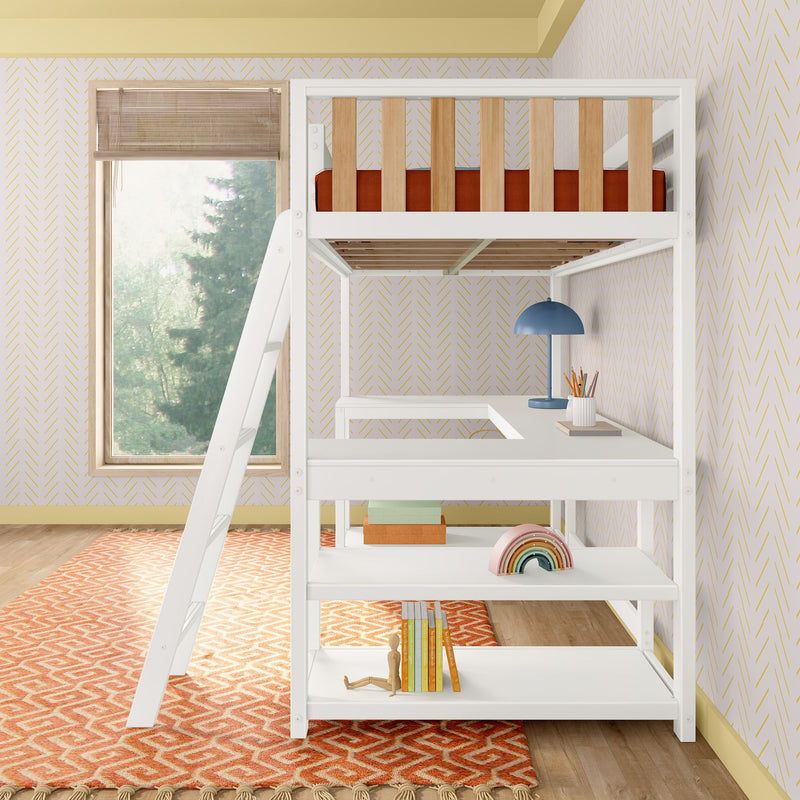 Kids' white loft bed with built-in desk and shelves, ladder, orange mattress and rug, blue desk lamp, rainbow toy, and window with tree view