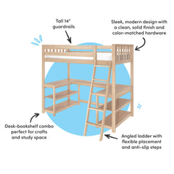 Loft bed with desk, featuring a modern design with 14-inch guardrails, desk-bookshelf combo, color-matched hardware, and angled ladder with anti-slip steps.