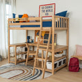 Kids natural wood loft bed with ladder, twin blue bedding, built-in desk, shelves and storage bins with study chair in a modern children's bedroom