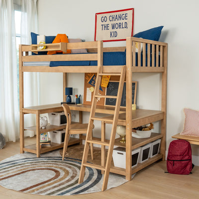 Kids natural wood loft bed with ladder, twin blue bedding, built-in desk, shelves and storage bins with study chair in a modern children's bedroom