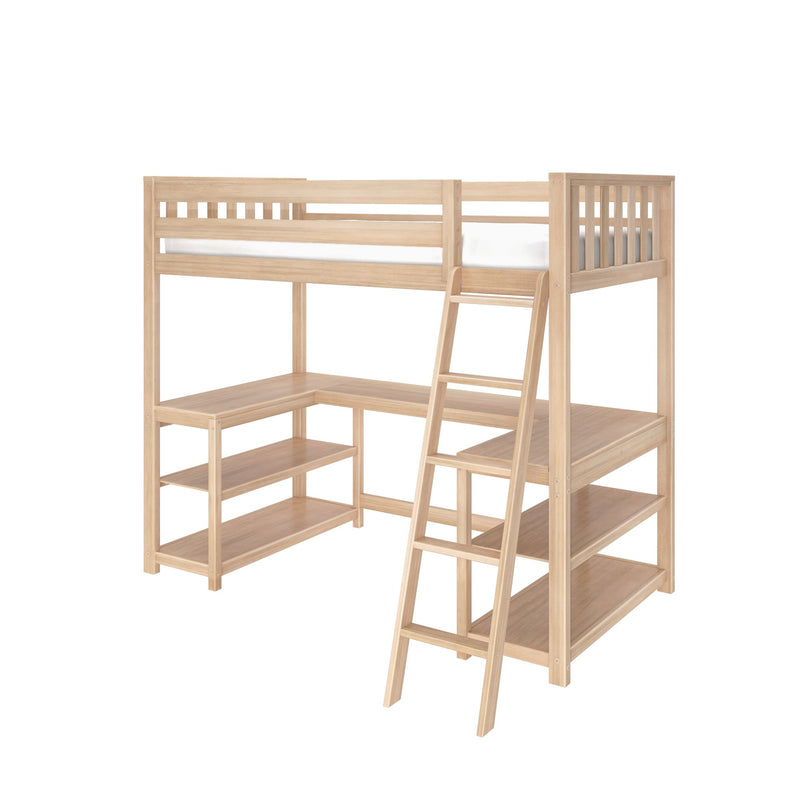 Wooden loft bed with built-in shelves and ladder, ideal for maximizing space in small bedrooms.