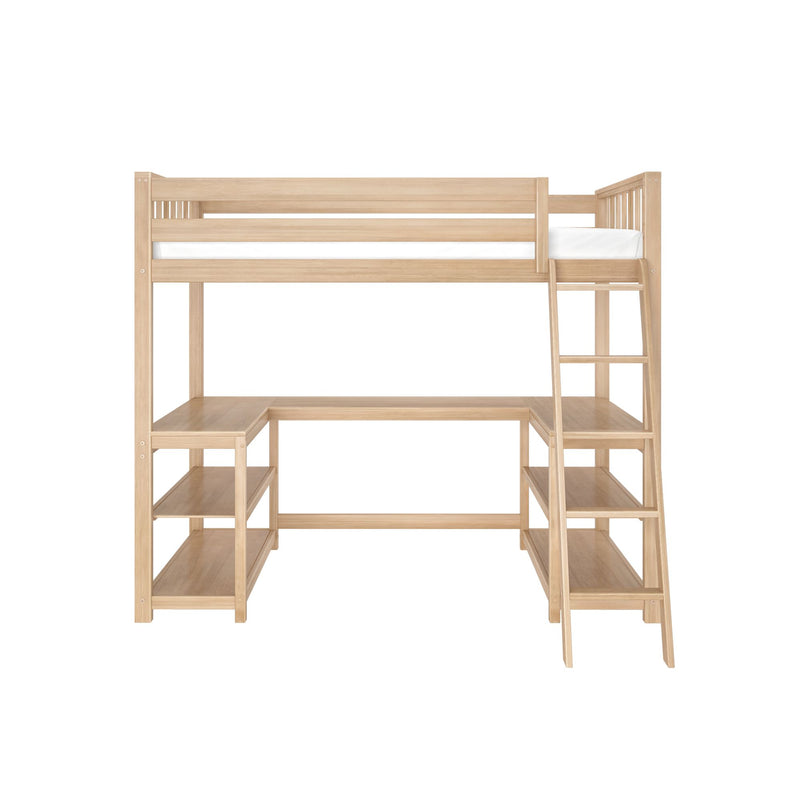 Wooden loft bed with integrated desk and shelves, ideal for maximizing space in small bedrooms.