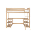 Light wood loft bed with built-in L-shaped desk, ladder and open storage shelves — space-saving twin loft for kids' bedrooms