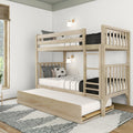 Light oak wooden bunk bed with ladder and pull-out trundle in a minimalist kids bedroom, twin-over-twin space-saving design with white and black bedding