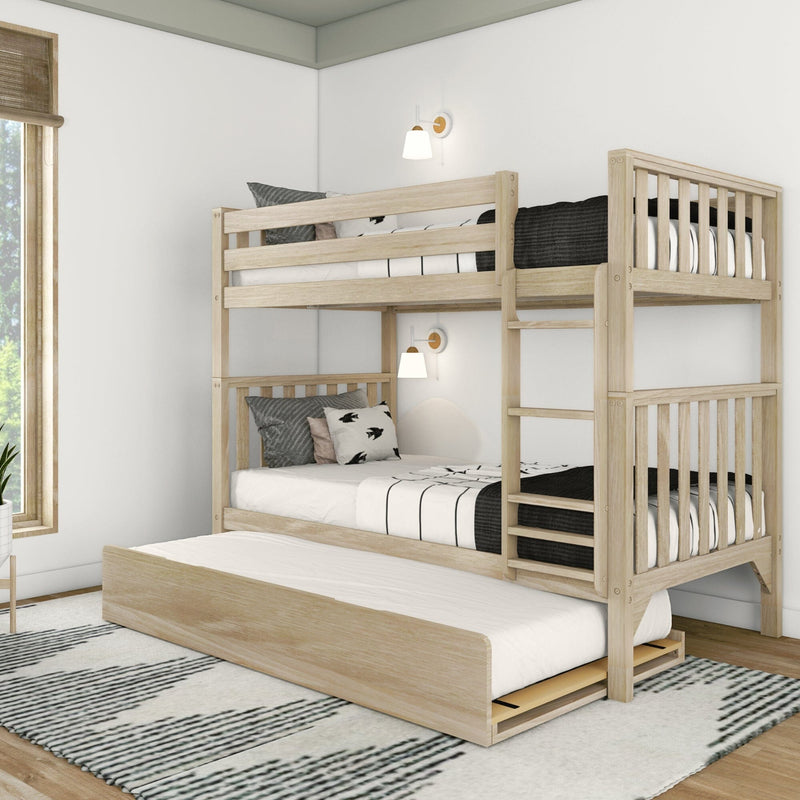 Light oak wooden bunk bed with ladder and pull-out trundle in a minimalist kids bedroom, twin-over-twin space-saving design with white and black bedding