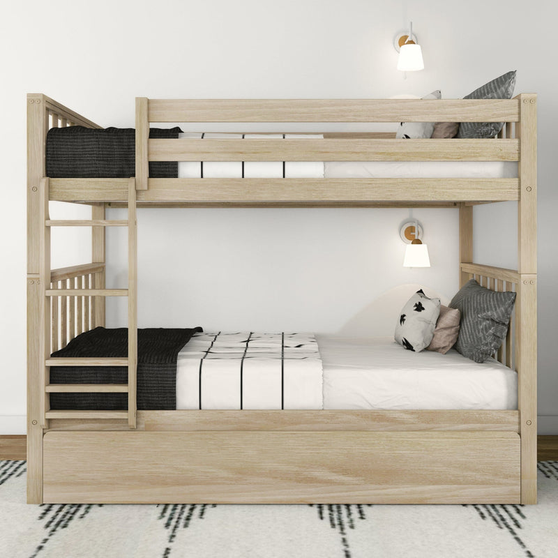 Light wood twin-over-full bunk bed with ladder and under-bed storage, black-and-white striped bedding, decorative pillows, wall sconces and patterned rug in a modern kids' bedroom