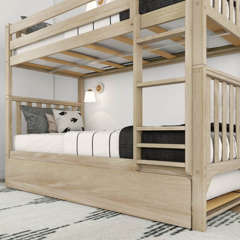 Wooden bunk bed with modern design and black and white bedding in a brightly lit bedroom.
