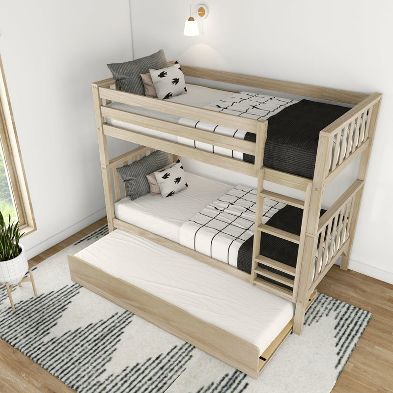 Light wood twin-over-twin bunk bed with pull-out trundle, ladder and safety rails in a modern Scandinavian kids bedroom with black-and-white bedding
