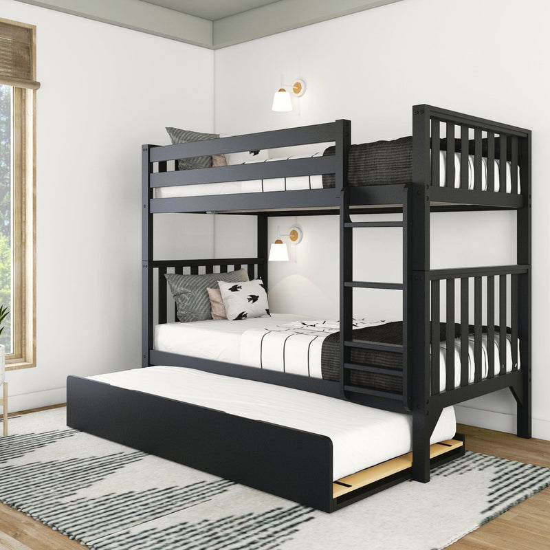 Black wooden triple bunk bed with pull-out trundle and ladder in a modern white bedroom with gray-and-white bedding, wall sconces, and patterned area rug.