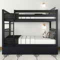 Matte black wooden twin-over-full bunk bed with built-in ladder, white-and-black bedding and modern wall sconces in a minimalist kids' bedroom