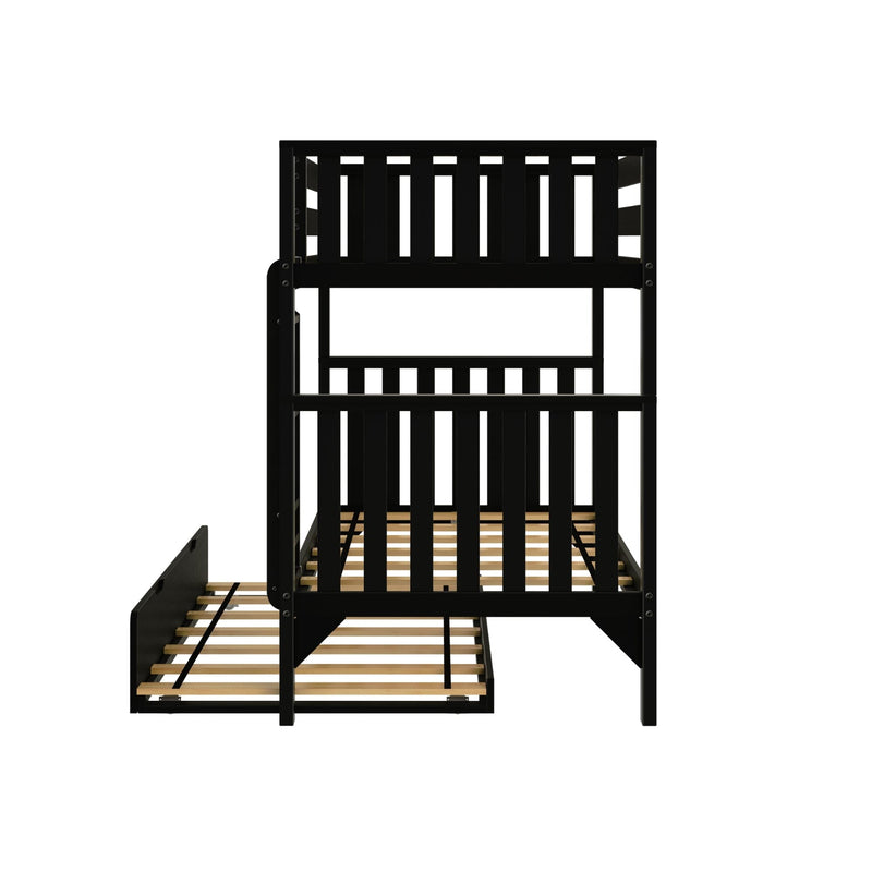 Black twin-over-twin wooden bunk bed with pull-out trundle and slatted mattress supports, space-saving kids bedroom furniture