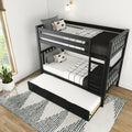 Black bunk bed with pull-out trundle mattress in a modern white kids' bedroom, space-saving ladder design with minimalist bedding, decorative pillows and geometric rug near a window