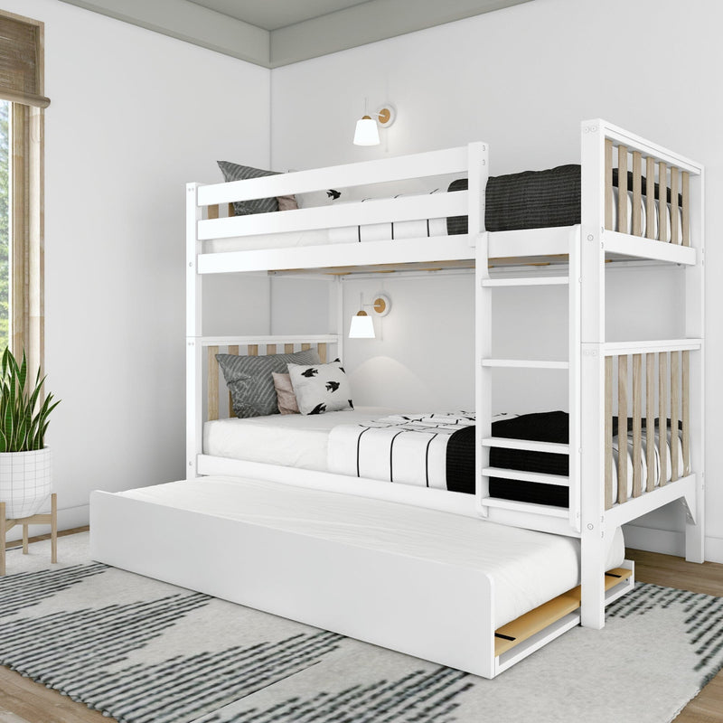Modern white wooden bunk bed with pull-out trundle and ladder in a minimalist children's bedroom with black-and-white bedding and potted plant