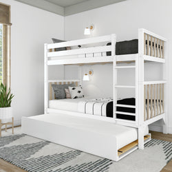 Modern white bunk bed with trundle in a stylish bedroom featuring contemporary decor and natural light.