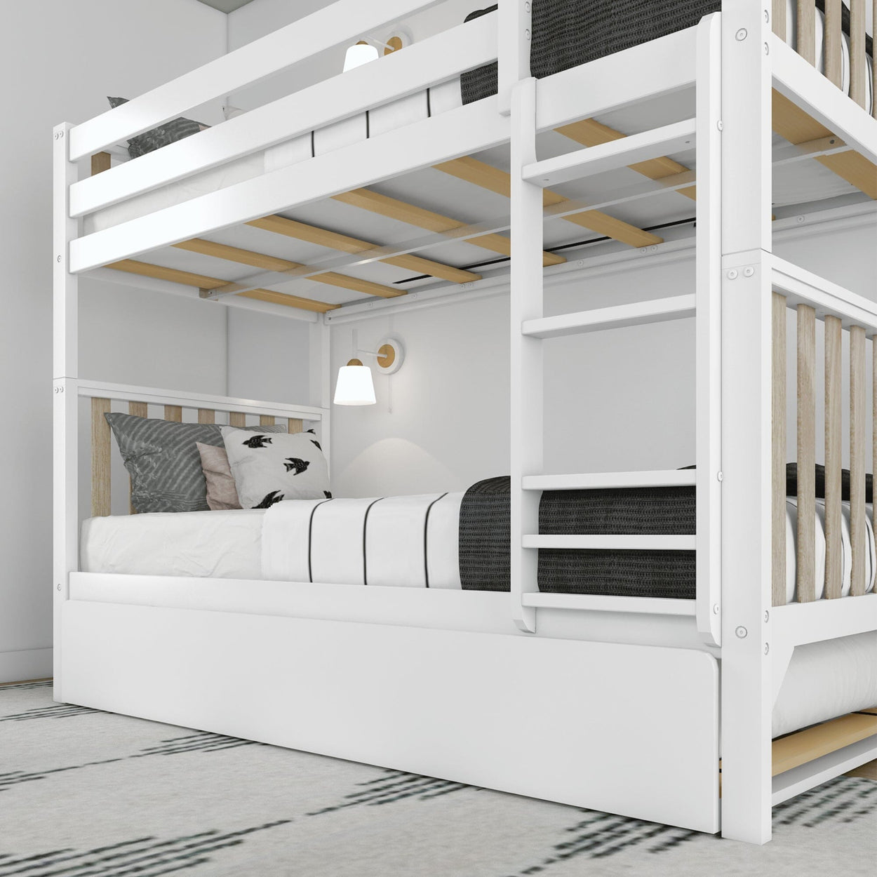 216201-202 : Bunk Beds Scandinavian Twin over Twin Bunk Bed with Twin-Size Trundle, White/Blonde