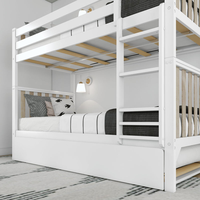 White wooden bunk bed with pull-out trundle and ladder in modern Scandinavian kids' bedroom, gray and black bedding and wall sconce