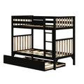 Black wooden bunk bed with natural wood slats, integrated ladder and guardrails, plus pull-out trundle for space-saving kids' rooms