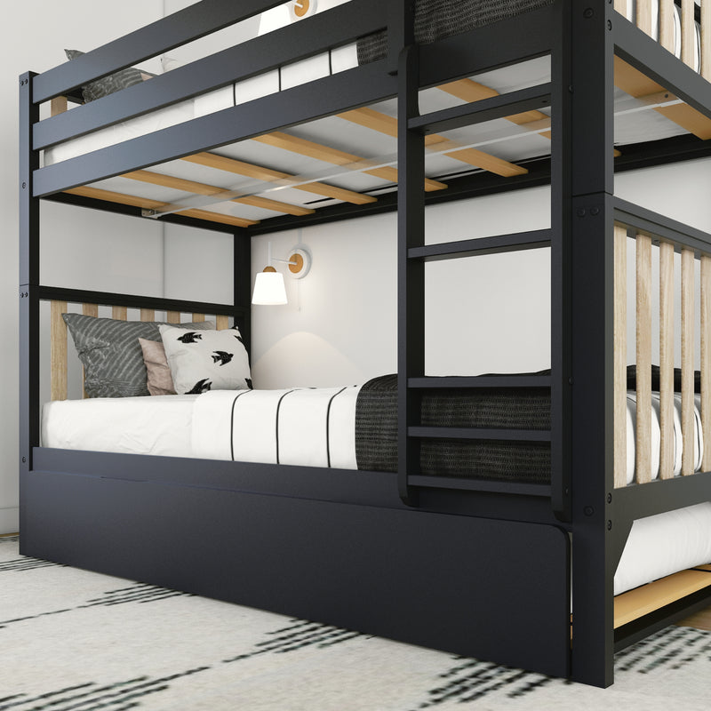 Black metal bunk bed with ladder and wooden slats, white-striped bedding, lower storage drawer and wall sconce in modern kids' bedroom