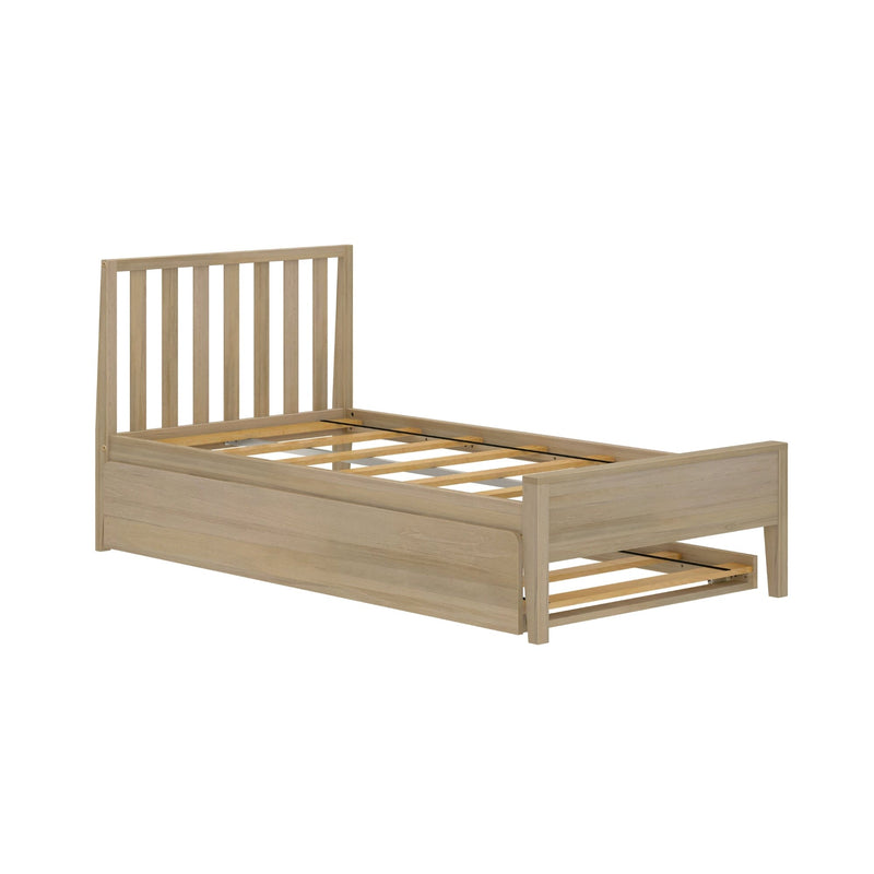 Wooden single bed frame with slatted headboard and pull-out storage drawer.