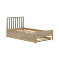 Light oak platform bed with vertical slatted headboard, wooden slats and under-bed storage drawer, modern natural wood finish