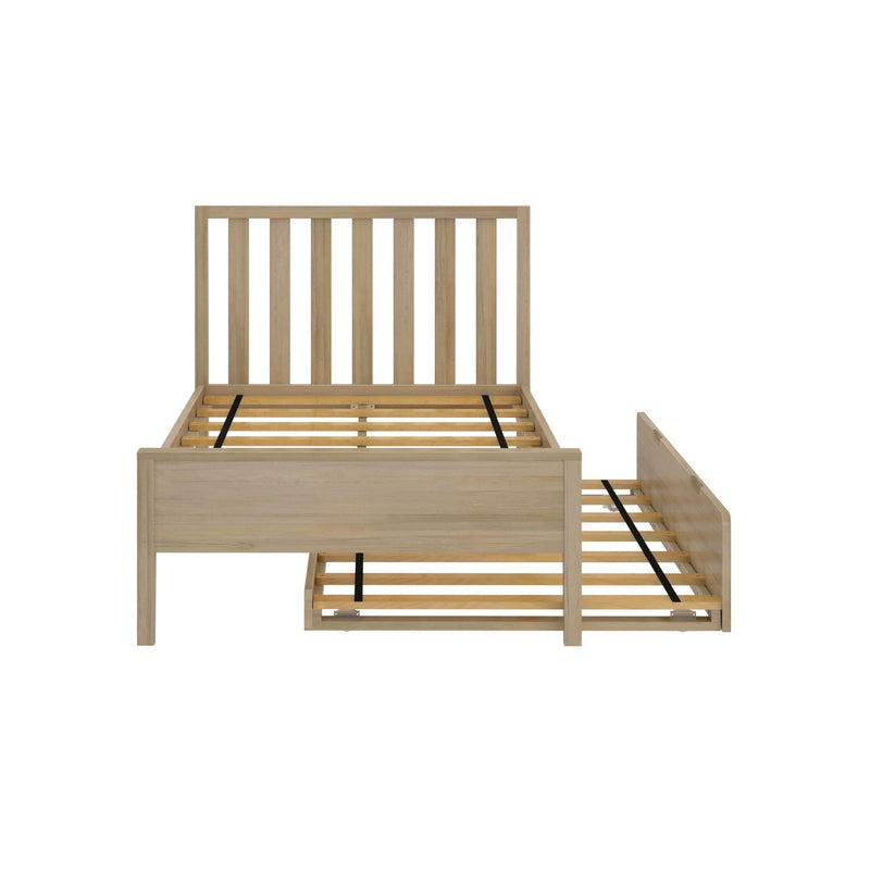 Wooden twin bed frame with sliding trundle in a light oak finish, perfect for small spaces and guest rooms.