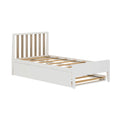 White wooden bed frame with vertical natural wood slatted headboard and pull-out underbed trundle storage, modern minimalist bedroom furniture