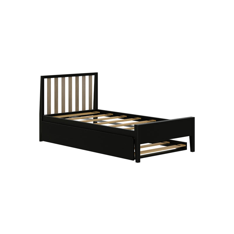 Black wooden twin bed frame with vertical slatted headboard, exposed wooden slats and pull-out under-bed storage drawer