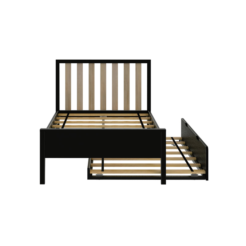 Black metal platform bed frame with vertical wood-slat headboard, wooden slat mattress support and under-bed storage drawer, modern industrial style