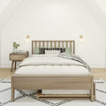 Minimalist Scandinavian bedroom interior with light wood bed frame, neutral linen bedding, green accent pillows, wooden nightstand with vase and wall sconces