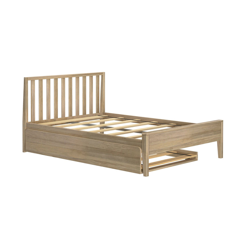 Wooden queen-size bed frame with storage drawers and slatted headboard.