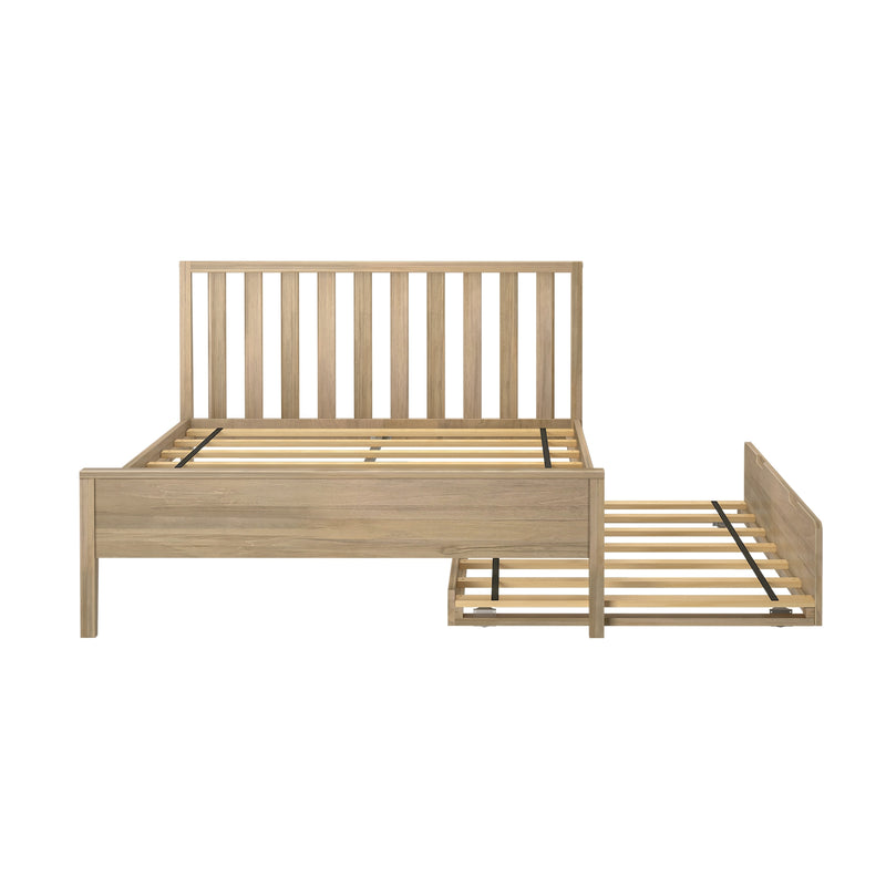 Natural light oak wooden platform bed frame with vertical slatted headboard and pull-out trundle, modern farmhouse bedroom furniture