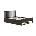 Black platform bed frame with vertical slatted headboard, wooden support slats and pull-out underbed storage