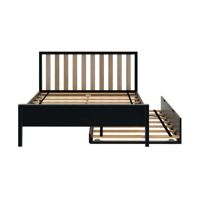 Modern black wooden bed frame with storage drawer, ideal for stylish bedroom decor.