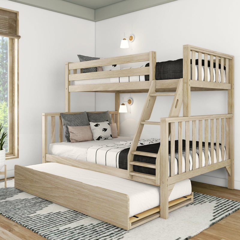 Wooden bunk bed with trundle in modern bedroom setting.