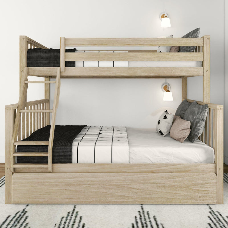 Wooden bunk bed with modern design featuring black and white bedding, cozy bedroom furniture setup.