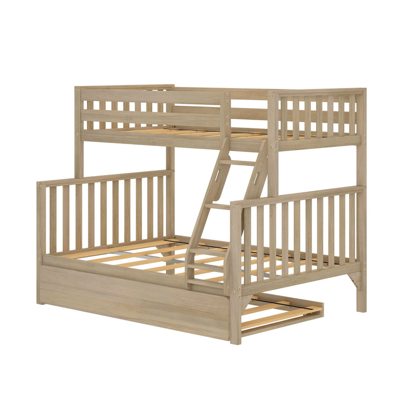 Triple bunk bed with ladder and safety rails in light wood finish.