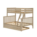 Natural wood twin-over-full bunk bed with slatted rails, angled ladder and pull-out trundle drawer — space-saving kids’ bedroom furniture