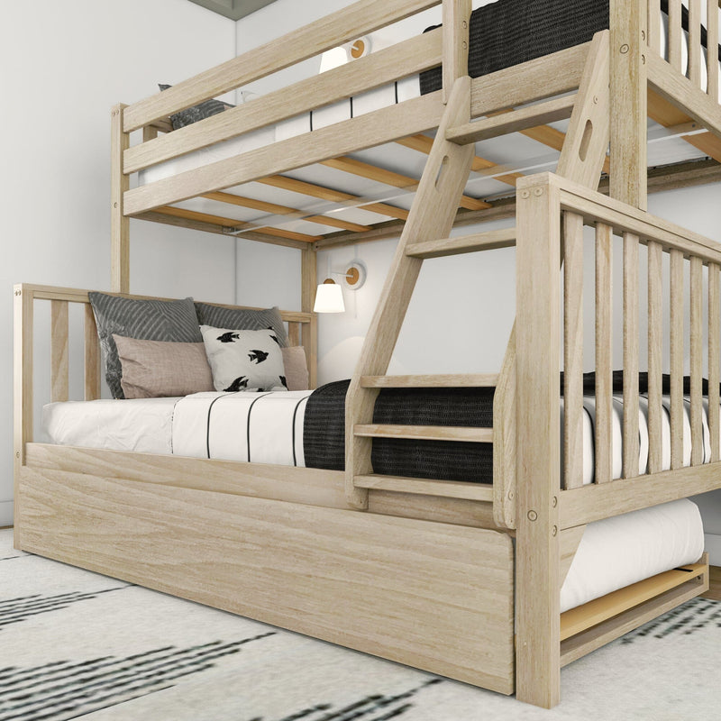 Wooden bunk bed with ladder in modern bedroom featuring stylish bedding and cozy lighting.