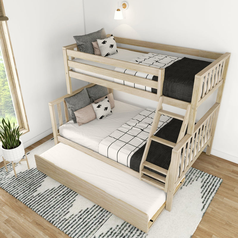 Wooden bunk bed with trundle and geometric bedding in modern bedroom setting.