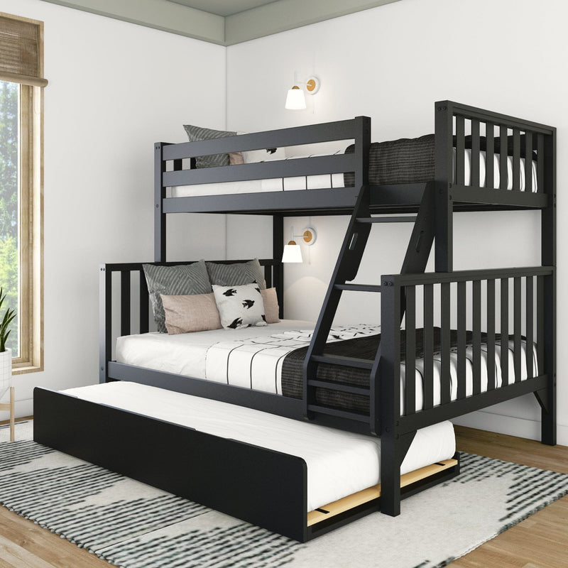 Black wooden space-saving bunk bed with ladder and pull-out trundle bed in a modern bedroom with neutral bedding, wall sconces and area rug